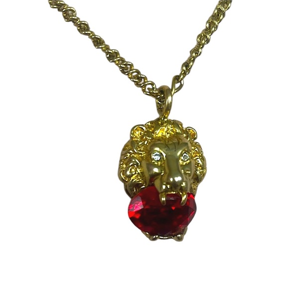 AUTHENTIC - Gucci Necklace Gold Metal Lion Head Red Crystal Pendant - Picture 9 of 11